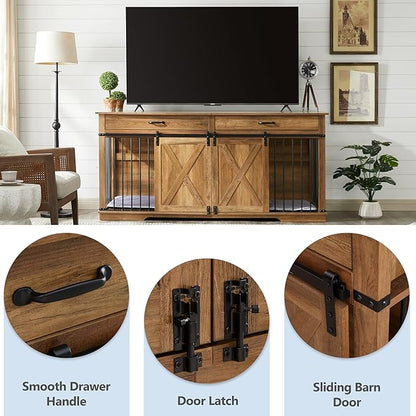 72.5" Extra Large Furniture Style Double Dog Crates for Large Breeds, XXL Wooden Dog Kennel Furniture with Drawers, Divider, Water Resistant &amp; Barn Door for 2 Dogs, Rustic Oak