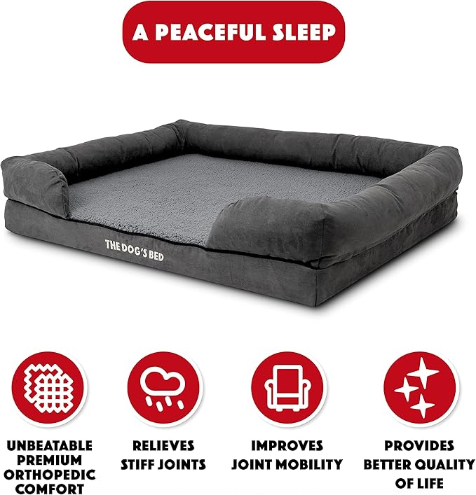 The Dog’s Bed, XL Grey Plush 43.5x34,Solid Memory Foam, Pain Relief: Arthritis, Hip &amp; Elbow Dysplasia, Post Surgery, Lameness, Supportive, Calming, Waterproof Washable Cover, Veterinary Approved
