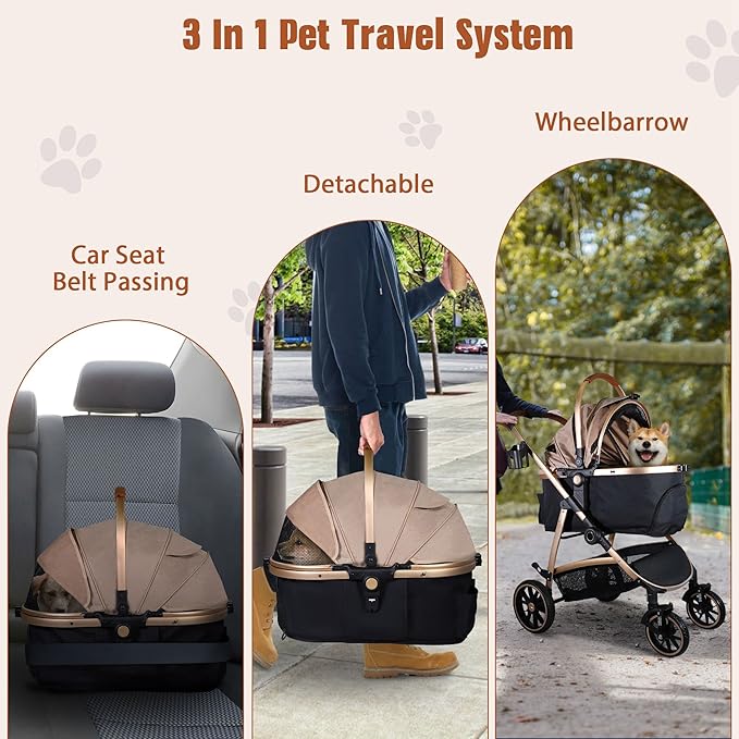 3 in 1 Multifunction Pet Stroller for Small Medium Dogs Cats, No-Zip Dog Stroller with Detachable Carrier &amp; Cup Holder, One-Hand Quick Fold, 4 Wheels Travel Foldable Aluminum Alloy Frame Up to 33 lbs