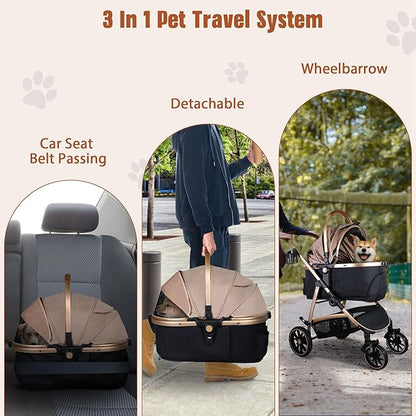 3 in 1 Multifunction Pet Stroller for Small Medium Dogs Cats, No-Zip Dog Stroller with Detachable Carrier &amp; Cup Holder, One-Hand Quick Fold, 4 Wheels Travel Foldable Aluminum Alloy Frame Up to 33 lbs