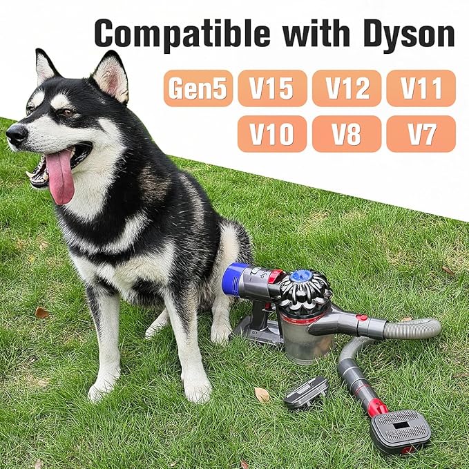 FUNTECK 2-in-1 Dog Hair Vacuum Brush for Grooming &amp; Shedding Compatible with Dyson Gen5, V15, V12, V11, V10, V8, V7 – Removes Loose Hair, Dander, Undercoat &amp; Tangles – Self-Cleaning Design