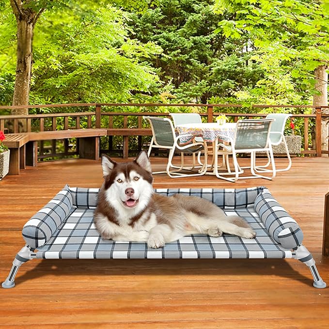 Elevated Raised Dog Bed Cot - Cooling Raised Dog Bed with Bolster Portable Washable Pet Hammock with Pillows &amp; Metal Frame for Indoor &amp; Outdoor, Large
