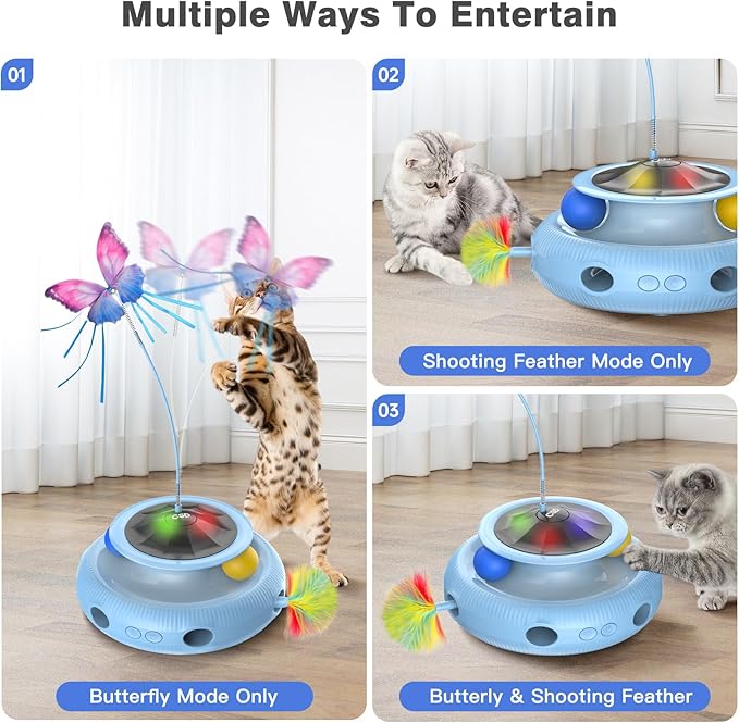 Automatic Interactive Cat Toys for Indoor Cats &amp; Bored Adults - Kitten Toys with Fluttering Butterfly, Ambush Feather &amp; Track Balls - Exercise &amp; Stimulation for Playful Cats (Sky Blue)