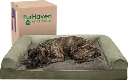 Furhaven Orthopedic Dog Bed for Large Dogs w/ Removable Bolsters &amp; Washable Cover, For Dogs Up to 125 lbs - Faux Fur &amp; Velvet Sofa - Dark Sage, Jumbo Plus/XXL