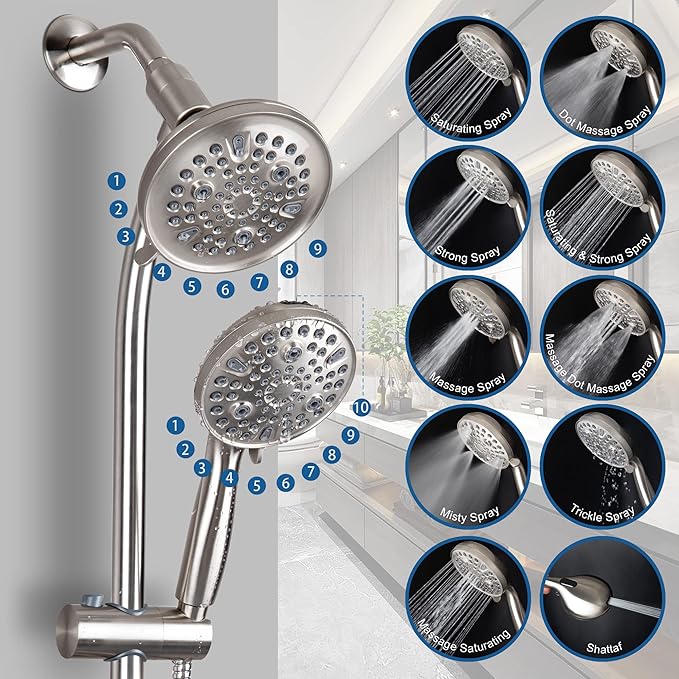 High Pressure Handheld/Rain 82-mode 3-way Shower Head Combo with 25.75" Adjustable Drill-free Stainless Steel Slide Bar, Pet &amp; Tub Power Wash and Anti-clog Nozzles, with 5ft Hose - Brush Nickel