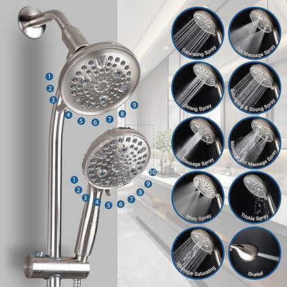 High Pressure Handheld/Rain 82-mode 3-way Shower Head Combo with 25.75" Adjustable Drill-free Stainless Steel Slide Bar, Pet &amp; Tub Power Wash and Anti-clog Nozzles, with 5ft Hose - Brush Nickel