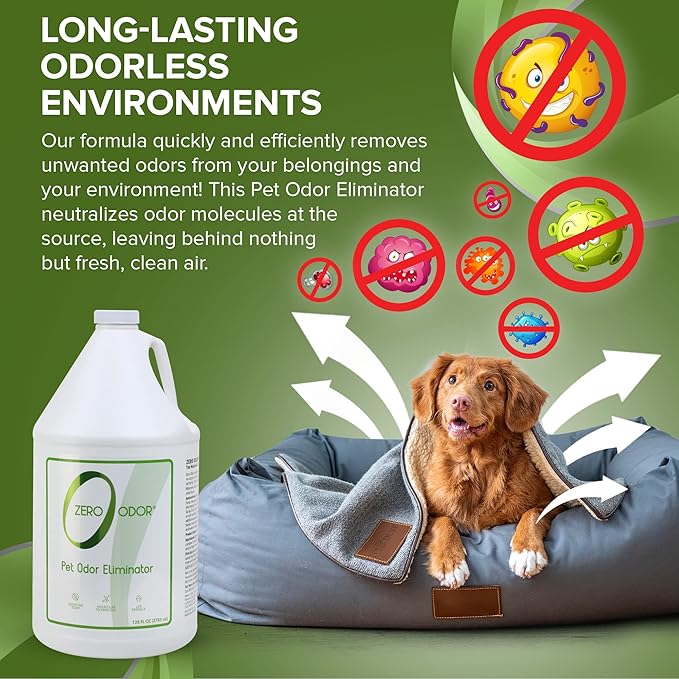 Zero Odor - Pet Odor Eliminator for strong odor, Eliminate Air &amp; Surface Odors – Patented Molecular Technology Best For Carpet, Furniture, Beds Smell Great Again (128 Ounces)