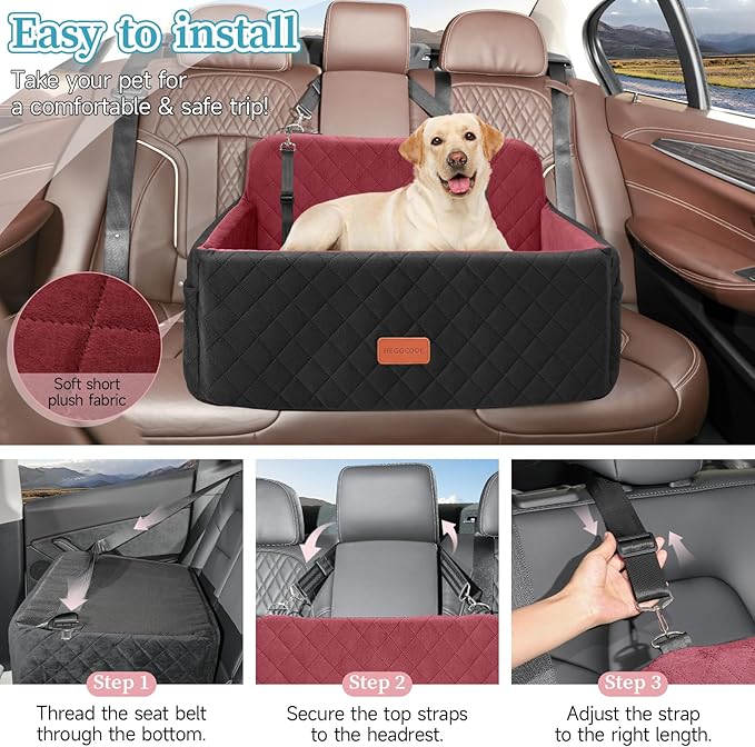 Dog Car Seat for Medium/Large Dogs, Pet Booster Seat for Under 55 lbs or 2 Small Dogs, Detachable &amp; Washable Dog Car Bed for Backseat with 2 Safety Leashes (Blcak/red)