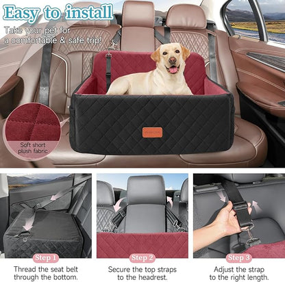 Dog Car Seat for Medium/Large Dogs, Pet Booster Seat for Under 55 lbs or 2 Small Dogs, Detachable &amp; Washable Dog Car Bed for Backseat with 2 Safety Leashes (Blcak/red)