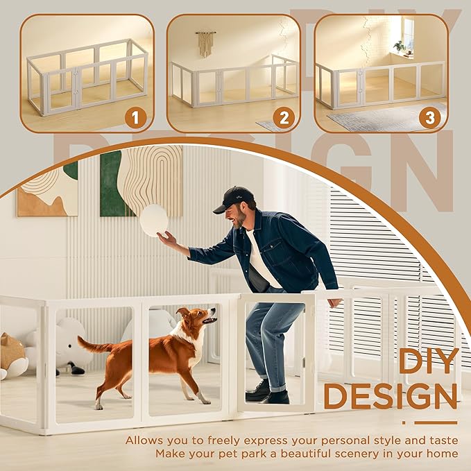 Citylife Clear Acrylic Plastic Dog Playpen Indoor,for Puppy Cat Rabbit Ferret Transparent Pet Pen,Easy Assemble Whelping Crate Kennel Cage Enclosure for Small &amp; Medium Dogs 8 Panels