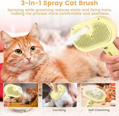 3 in 1 Cat Steam Brush, Pet Spray Hair Removal Comb for Shedding &amp; Grooming, Water Brush for Cats Dogs Small Animals Long Short Haired with One-Click Release Button(Yellow)