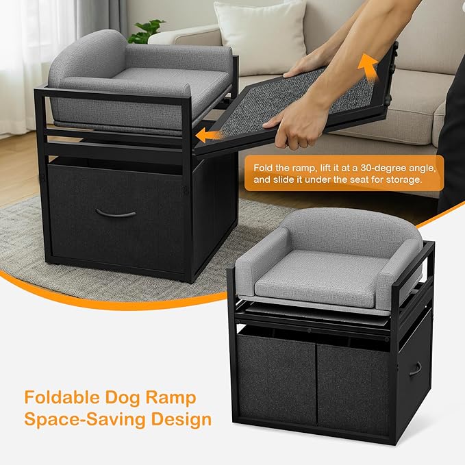 Pet Stairs Ramp Doggie Stairs with Seat &amp; Storage Drawers,Extra Wide Seat Mate Chair Puppy for High Bed Couch Office,Non Slip Dachshunds,Step for Small Dogs,Cat Ladder Grey(Hold Up to 100 lbs)