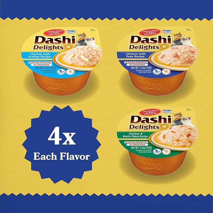 INABA Dashi Delights for Cats, Shredded Chicken with Bonito Flake Broth, 2.5 Ounce Cup, 12 Cups Total, Seafood Variety
