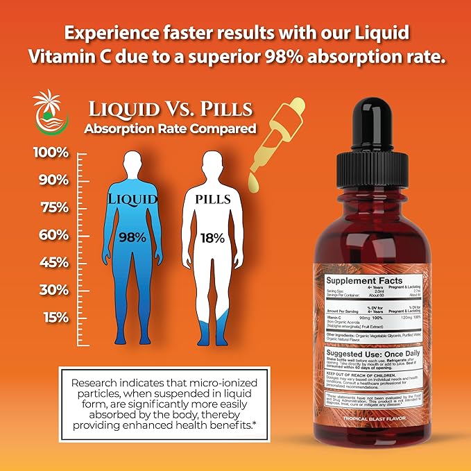 Tropical Oasis USDA Organic Liquid Vitamin C Drops for Adults &amp; Kids | Supports Healthy Immune System | 98% Absorption Rate | Vegan | Non-GMO | Gluten Free | 60 Servings