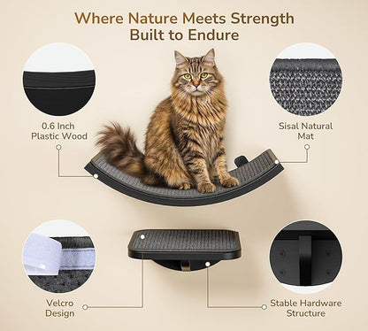 Grey Sisal-Padded Cat Wall Steps (2-Pack), Floating Wooden Cat Perch and Climbing Step Set, Wall Mounted Furniture for Jumping &amp; Play