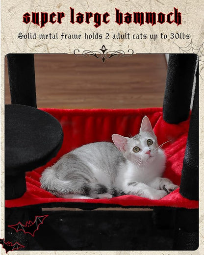 Gothic Cat Tree with Super Large Hammock, 56.3" Black Cat Tower with Coffin Bed, Cat Condo, Sisal Scratching Posts &amp; Top Perch, Multi-Level Goth Cat Tree, Halloween, Black