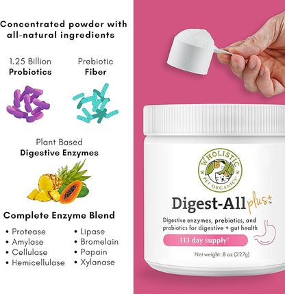 Wholistic Pet Organics Probiotics for Dogs with Digestive Enzymes &amp; Prebiotic Fiber - 2 Oz - Daily Cat &amp; Dog Probiotics for Digestive Health, Anti Diarrhea &amp; Gut Support - Natural Powder Supplement