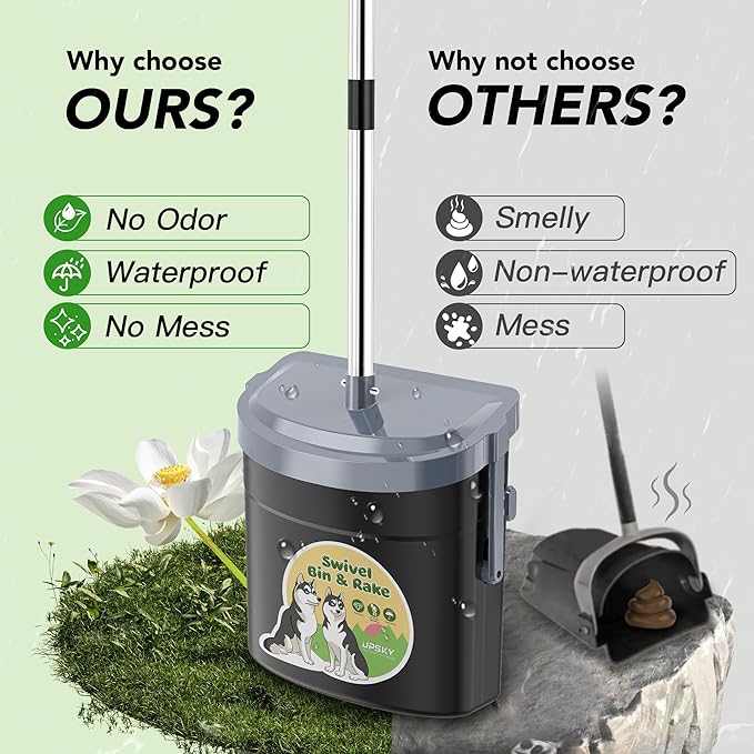UPSKY Dog Pooper Scooper Swivel Bin &amp; Rake Kit with 100 Waste Bags,33.4" Stainless Steel Long Handle Heavy Duty Pet Poop Shovel for Large Medium Small Dogs, Odor-Proof Lid for Yard/Lawn/Outdoor Use