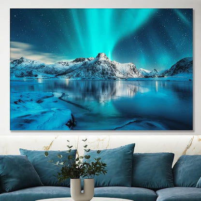 Nature Wall Art Prints - Ocean Forest Mountain Lake Canvas Landscapes - Small to Extra Large Living Room Bedroom Kitchen Bathroom Décor (Northern Lights Over Lake, 28L" x 41W")