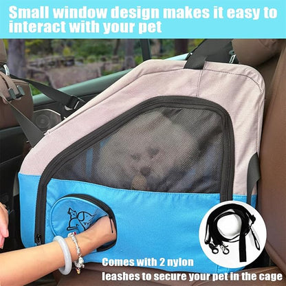 Small Portable Pet Crate for Car Travel, 19"x19"x17" Foldable Dog &amp; Cat Carrier with Secures Seatbelt &amp; Headrest Strap, Oxford Soft-Sided Pet Kennel with Removable Bed for Small Pets