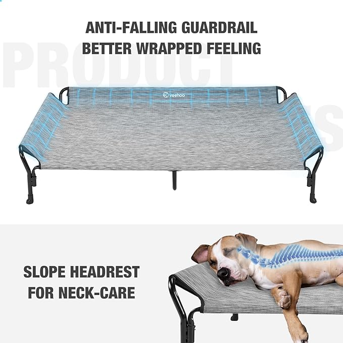 Veehoo Cooling Elevated Dog Bed, Guardrail Raised Pet Cot, Indoor &amp; Outdoor XXL Pet Bed with Washable &amp; Breathable Teslin Mesh, Non-Slip Feet, Dog Couch Bed, 62.5" x 37", Black Silver