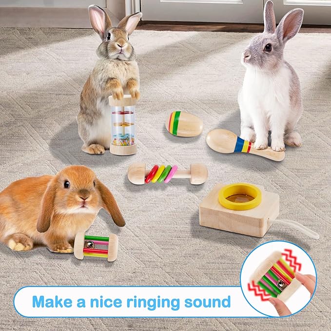 6 Pcs Wooden Bunny Toys - Safe Rabbit &amp; Guinea Pigs Teeth Grinding Toys for Chinchillas, Hamsters &amp; Small Animals - Indoor &amp; Outdoor