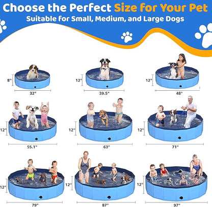 63" x 12" Foldable Dog Pool - Collapsible Hard Plastic Kiddie Pool for Dogs &amp; Kids, Non-Slip Pet Bath Tub for Outdoor Backyard Use, Lightweight &amp; Portable (Blue)