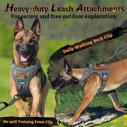 rabbitgoo Dog Harness Medium Sized No Pull, Tactical Service Pet Vest with Molle and Control Handle, Adjustable and Reflective Military Harness for Easy Walking and Training, Grey, M
