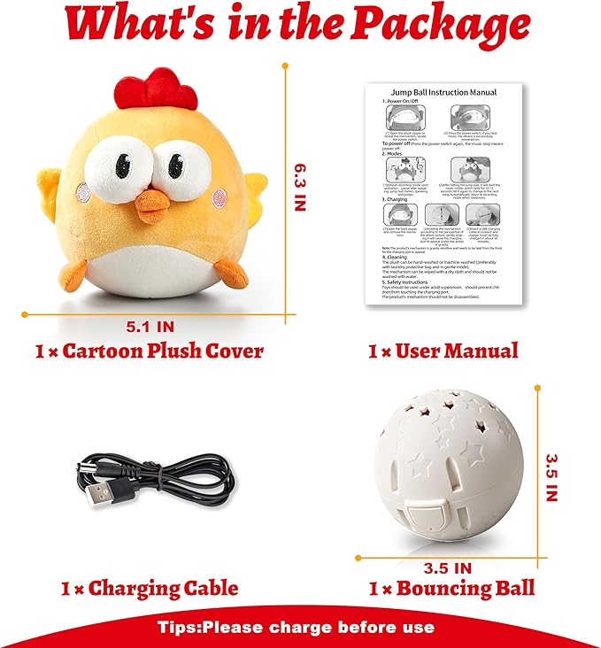 Interactive Dog Toys, Squeaky Moving Ball Toy with Jumping &amp; Music Modes, Rechargeable Plush Chew Toys for Small/Medium/Large Dogs to Keep Puppy Busy Pet Toys (Chick)
