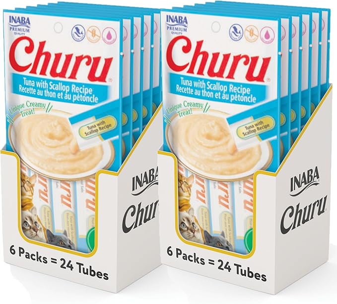 INABA Churu Cat Treats, Grain-Free, Lickable, Squeezable Creamy Purée Cat Treat/Topper with Vitamin E &amp; Taurine, 0.5 Ounces Each Tube, 48 Tubes (4 per Pack), Tuna with Scallop Recipe