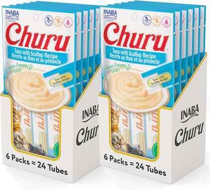INABA Churu Cat Treats, Grain-Free, Lickable, Squeezable Creamy Purée Cat Treat/Topper with Vitamin E &amp; Taurine, 0.5 Ounces Each Tube, 48 Tubes (4 per Pack), Tuna with Scallop Recipe