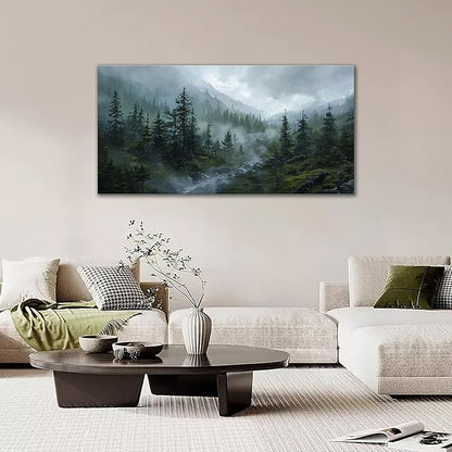 Large Forest Wall Art Nature Misty Mountain Canvas Living Room Tree Landscape Pictures Framed Prints Oversize Wall Decor Painting Artwork for Bedroom Dining Home 60"x30"
