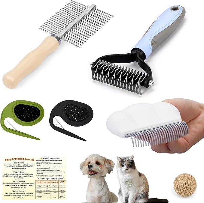 Upgraded All-in-One Pet Grooming Kit – Includes Detangling, Shedding, Dual-Sided &amp; Massaging Tools, Ergonomic Non-Slip Handle, Safe for Cats &amp; Dogs
