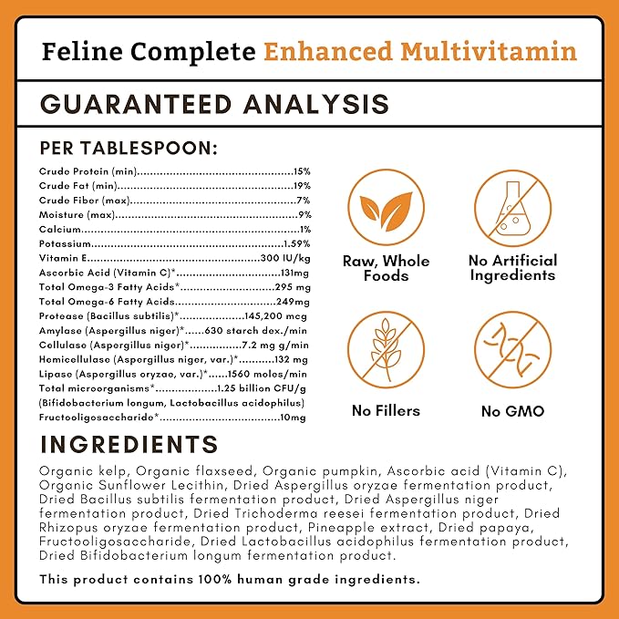 Wholistic Pet Organics Feline Complete Organic Pumpkin - 8 Oz - Multivitamin &amp; Probiotic Powder for Cats - Natural Cat Food &amp; Digestive Support