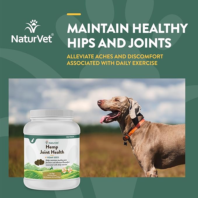 NaturVet Hemp Joint Health Hip &amp; Joint Support Dog Supplement – Soft Chew Supplements for Dogs with Glucosamine, MSM, Chondroitin, Omega 3, Vitamins, Antioxidants – 240 Ct.