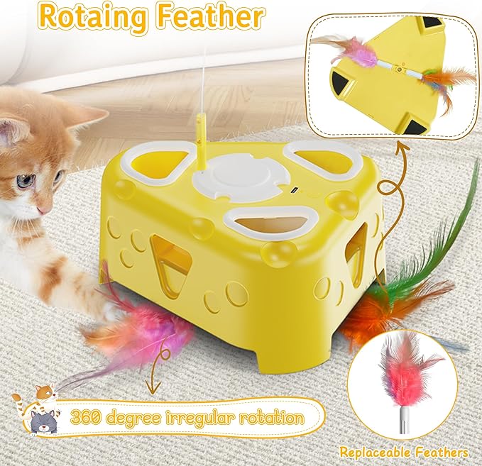 3-in-1 Interactive Cat Toy for Indoor Cats,Automatic Kitten Toys,Flying Bird,6 Holes Mole,Rotating Feather, USB Rechargeable Electronic Interactive Feather Toy for Bored Adult &amp; Kitten Cats
