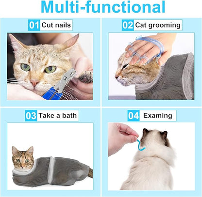Patelai 5 Pcs Cat Bathing Bag Set Cat Grooming Bag Adjustable Pet Shower Net Muzzles Nail Clipper Tick Remover Tool Massage Brush(Grey-White)