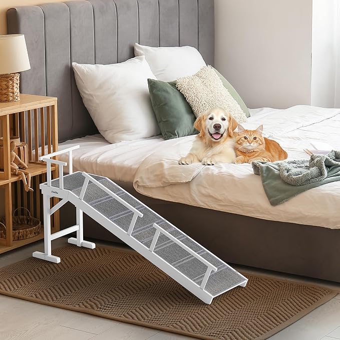Onelike Wooden Dog Ramp for Bed with Removable Side Rail and Non-Slip Carpet, Stable Pet Ramp Stair for Couch Sofa for Small &amp; Large &amp; Senior Dogs, 60" Long Ramp White