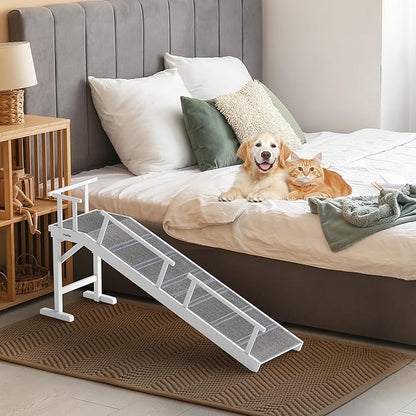 Onelike Wooden Dog Ramp for Bed with Removable Side Rail and Non-Slip Carpet, Stable Pet Ramp Stair for Couch Sofa for Small &amp; Large &amp; Senior Dogs, 60" Long Ramp White