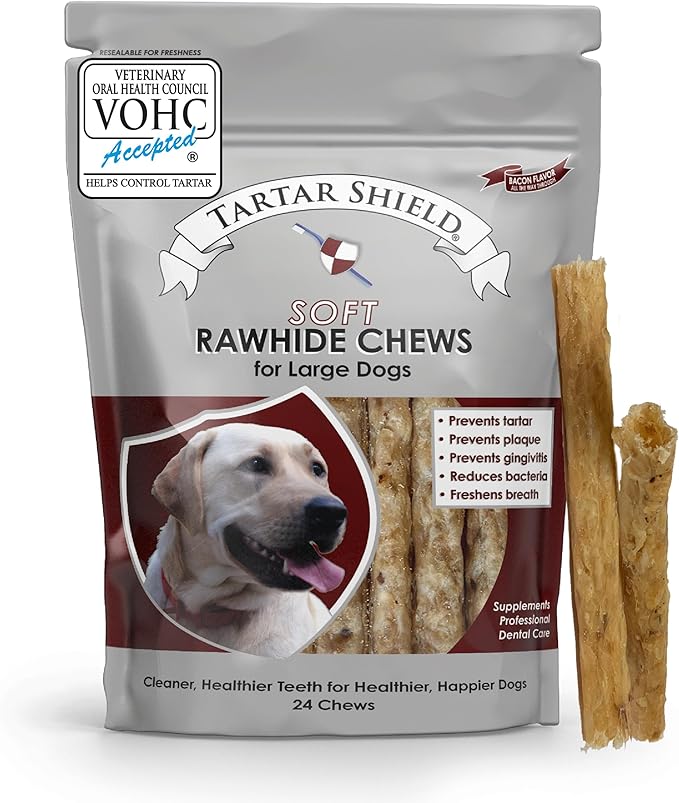 Tartar Shield Soft Rawhide Chews | Safe Dental Treats for Large Dogs | Vet VOHC Approved | Daily Bone Cleans Teeth &amp; Gums Fresh Breath Oral Health Support | USA Made | (Large Dogs / 24 Count)