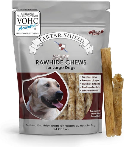 Tartar Shield Soft Rawhide Chews | Safe Dental Treats for Large Dogs | Vet VOHC Approved | Daily Bone Cleans Teeth &amp; Gums Fresh Breath Oral Health Support | USA Made | (Large Dogs / 24 Count)
