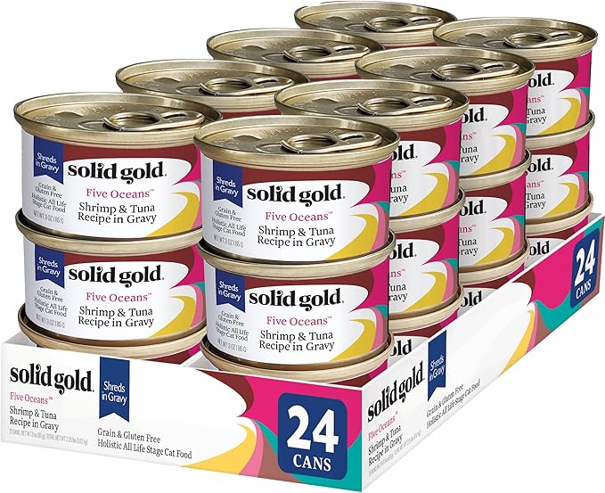 Solid Gold Wet Cat Food Shreds in Gravy - Healthy Canned Cat Food Made w/Real Tuna, Shrimp, Vitamins, Minerals &amp; Taurine - Grain Free &amp; Gluten Free Canned Meals for Cats &amp; Kittens - 24ct/3oz Can