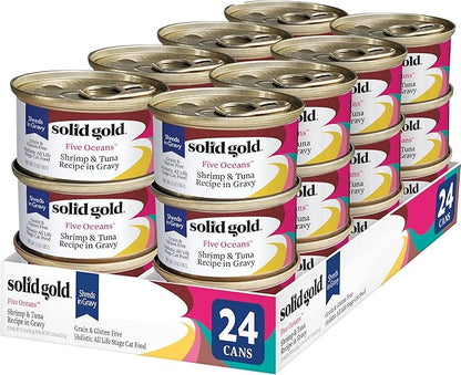 Solid Gold Wet Cat Food Shreds in Gravy - Healthy Canned Cat Food Made w/Real Tuna, Shrimp, Vitamins, Minerals &amp; Taurine - Grain Free &amp; Gluten Free Canned Meals for Cats &amp; Kittens - 24ct/3oz Can