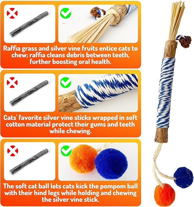 Catnip 4PCS Chew Stick with Wrapped Cotton Rope – Natural Dental Care Cat Toy for Teeth Cleaning &amp; Gum Health, Satisfies Chewing Instincts, Safe &amp; Long-Lasting Kitten Teething Toy