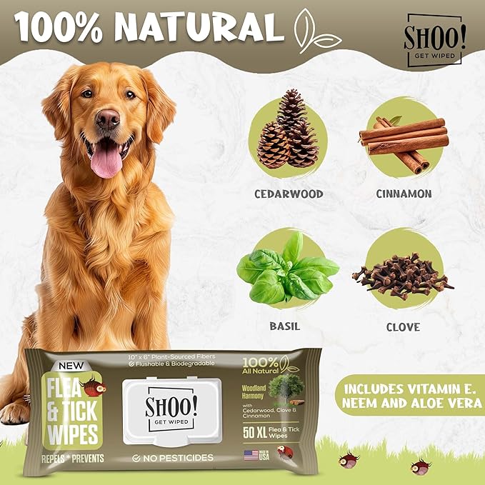Shoo! Flea &amp; Tick Wipes for Dogs | Convenient, Easy On-The-Go Protection | Plant Based, Natural Oils, Chemical Free | Repels &amp; Prevents | 50 XL Wipes | (Woodland Harmony)