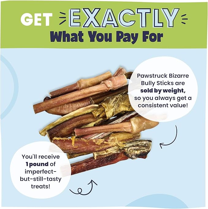 Pawstruck Natural Bizarre Bully Sticks Bargain Bag for Dogs &amp; Puppies - Variety Pack of 8-12" Long Lasting Eco-Conscious Beef Chew Treats - 1 lb. Bag - Packaging May Vary