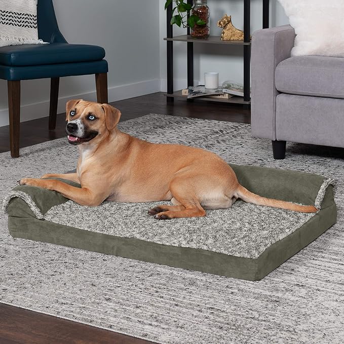 Furhaven Cooling Gel Dog Bed for Large/Medium Dogs w/ Removable Bolsters &amp; Washable Cover, For Dogs Up to 55 lbs - Two-Tone Plush Faux Fur &amp; Suede L Shaped Chaise - Dark Sage, Large