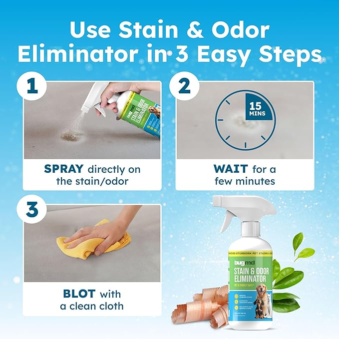 BugMD Enzyme Cleaner for Dog &amp; Cat Urine | Pet Stain and Odor Remover for Carpet &amp; Home | Unscented Urine Destroyer &amp; Deodorizer