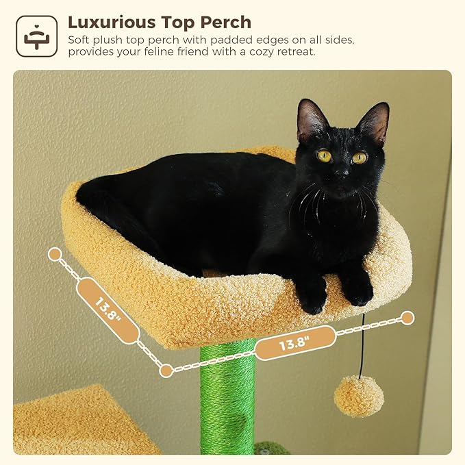 Cactus Cat Tree, 62-Inch Large Cat Tower for Multi-Cat Households w/Scratching Posts, Multi-Level Condo w/Cozy Top Perch &amp; Scratching Pad, Padded Platform, 2 Pompoms, Green