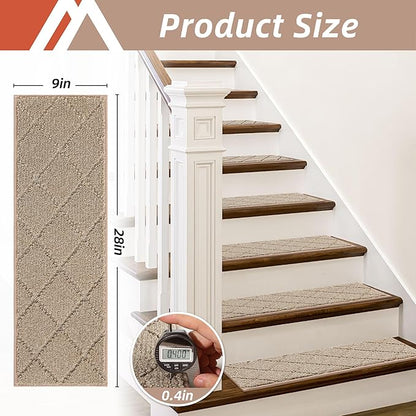 COSY HOMEER Edging Stair Treads Non-Slip Carpet Mat 28inX9in Indoor Stair Runners for Wooden Steps, Edging Stair Rugs for Kids and Dogs, 100% Polyester TPE Backing(4pc, Beige)